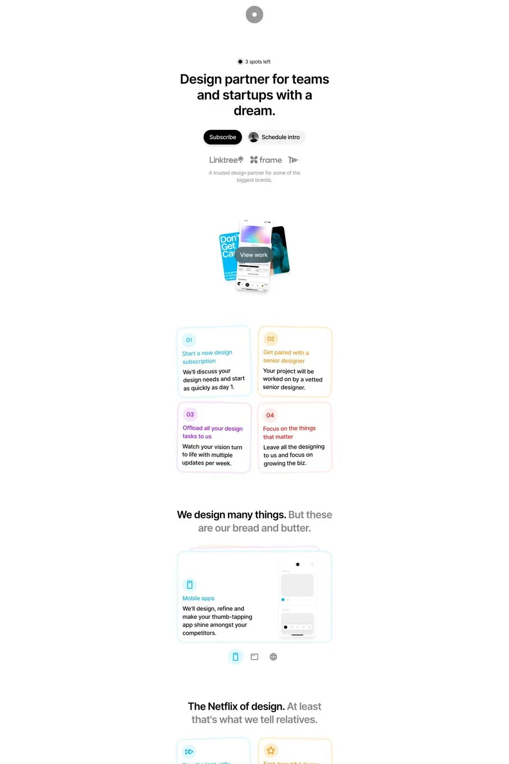 Endless — screenshot of a minimal, colourful design agency site in white and black