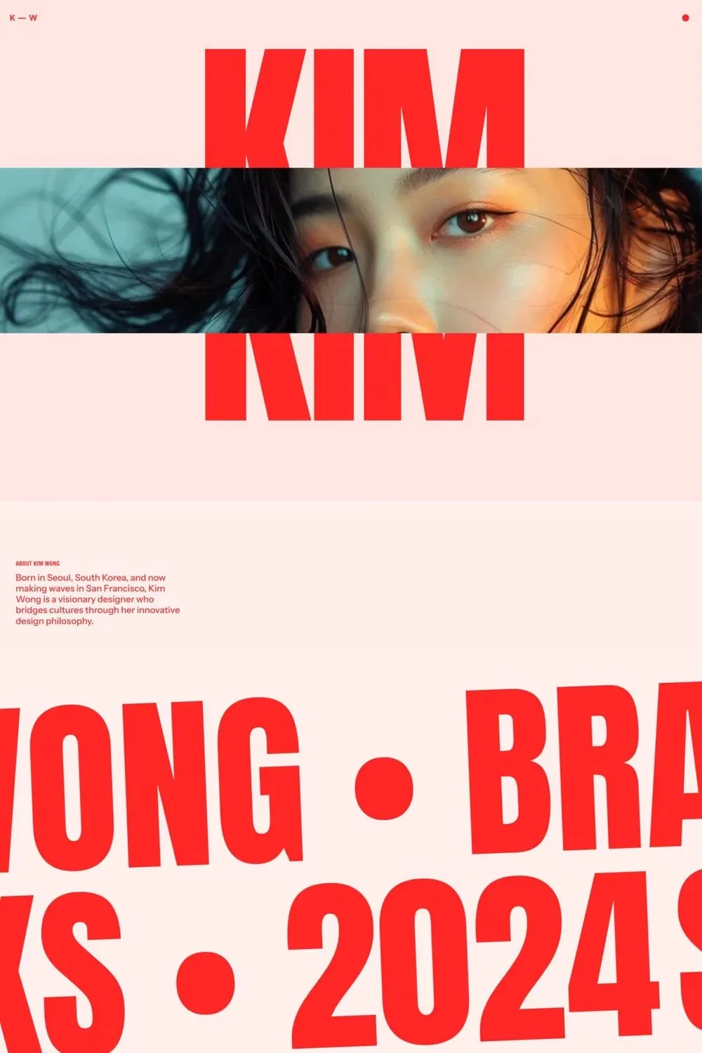 Kim — screenshot of a typographic, colourful design portfolio template in red and white